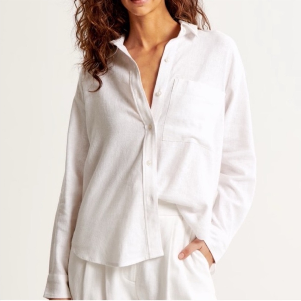Abercrombie & Fitch Oversized Linen-Blend Shirt Large White Women’s Button Up